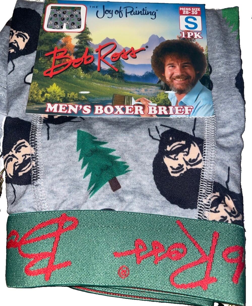 Bob Ross Men’s Graphic Print Boxer Briefs Elastic Band Waist Sz S 28-30 Happy